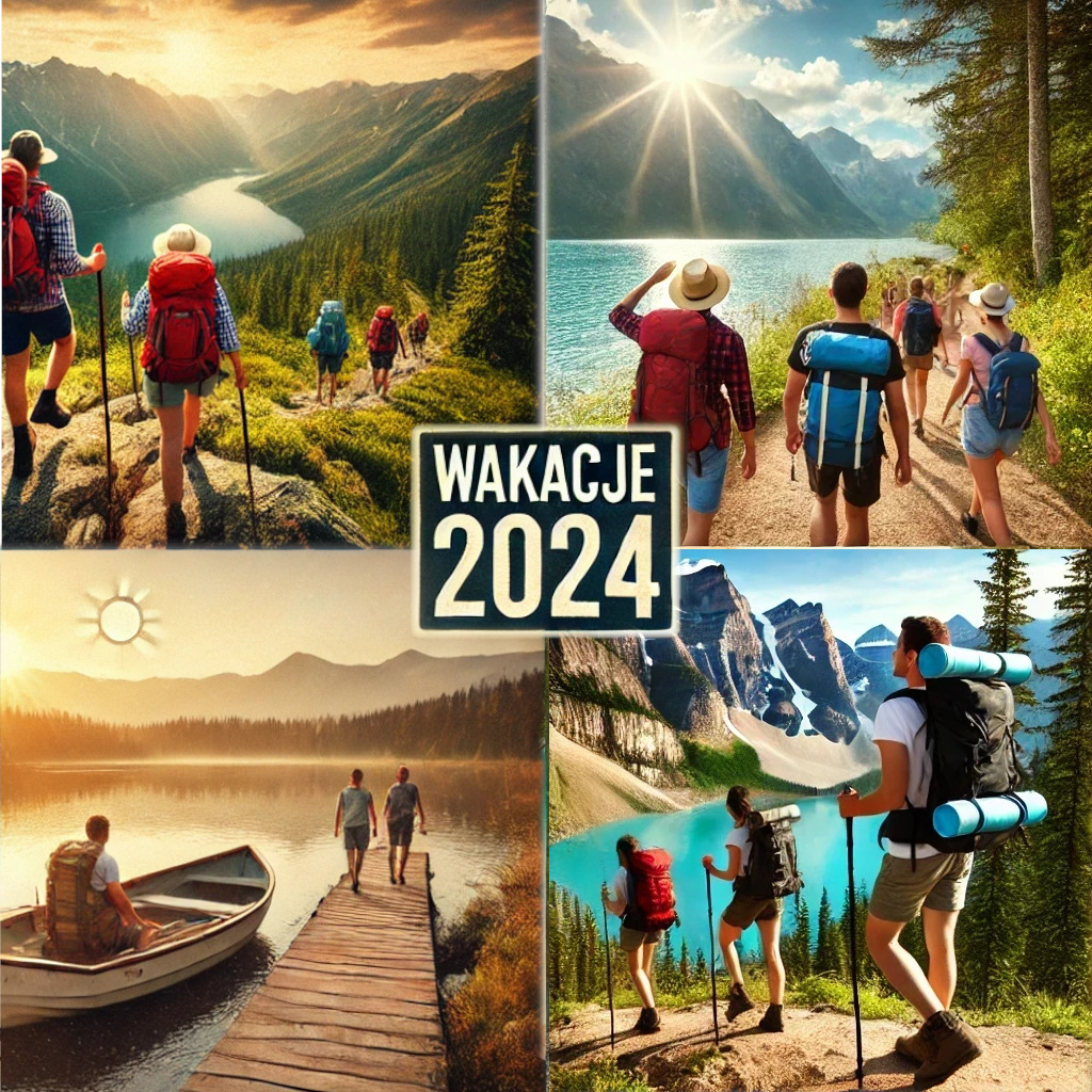 Kolaż przedstawiający cztery sceny: turyści wędrujący po górach, ludzie wypoczywający nad jeziorem, osoby w łódce i na brzegu jeziora oraz spokojny widok lasu. W centrum znajduje się napis 'Wakacje 2024'