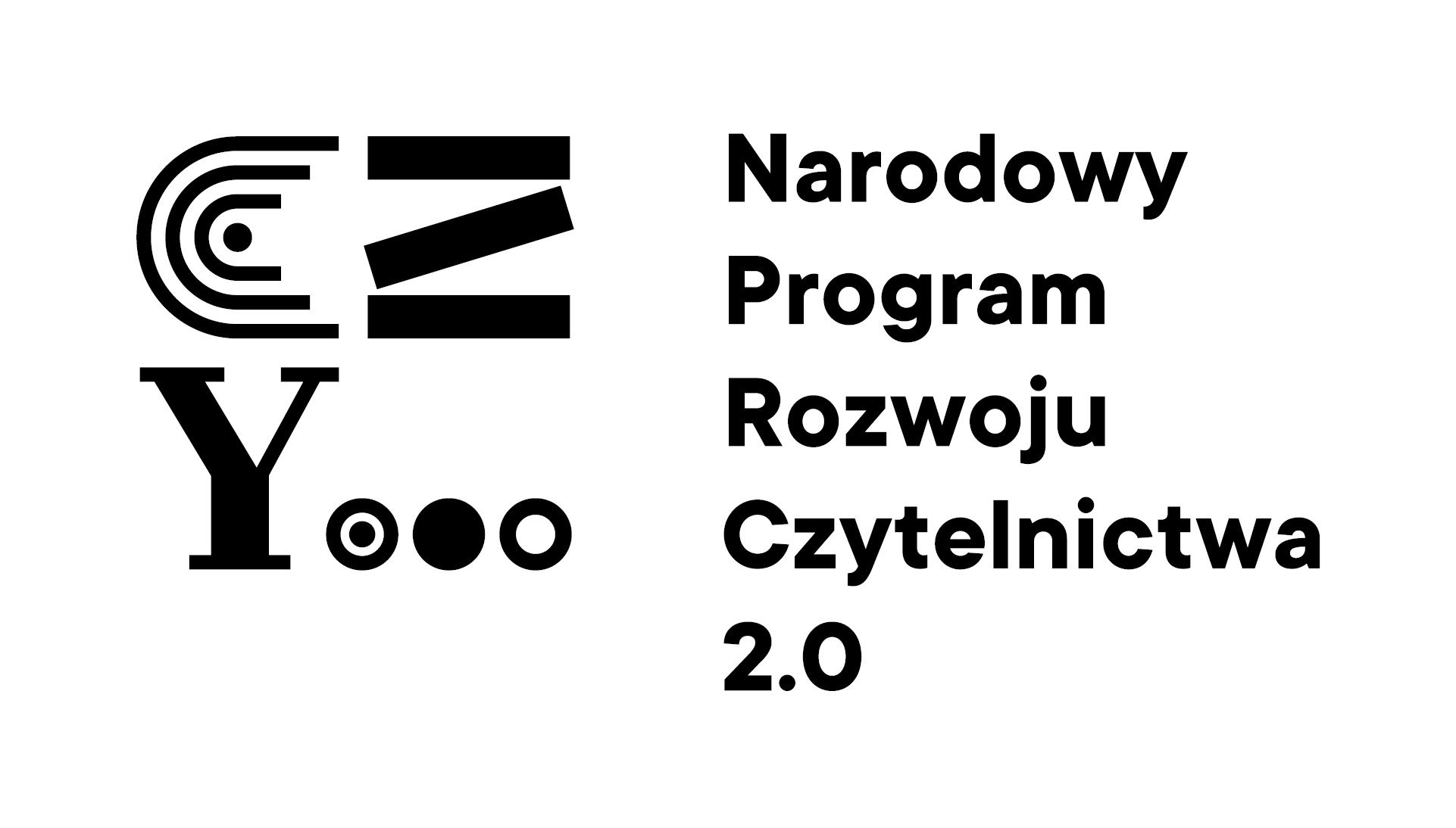 Logo Narodowego Programu Rozwoju Czytelnictwa 2.0. Po lewej stronie stylizowany skrót „CZYT” ułożony z geometrycznych kształtów, a poniżej trzy okręgi i litera „O”. Po prawej stronie pełna nazwa programu zapisana czarną, pogrubioną czcionką na białym tle.