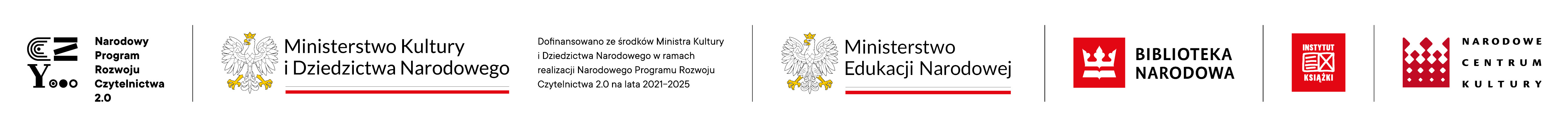 Grafika przedstawia zestaw logo i nazw instytucji związanych z Narodowym Programem Rozwoju Czytelnictwa 2.0.    Od lewej:   - Logo Narodowego Programu Rozwoju Czytelnictwa 2.0   - Logo i nazwa Ministerstwa Kultury i Dziedzictwa Narodowego wraz z informacją o dofinansowaniu programu na lata 2021–2025   - Logo i nazwa Ministerstwa Edukacji Narodowej   - Logo i nazwa Biblioteki Narodowej   - Logo i nazwa Instytutu Książki   - Logo i nazwa Narodowego Centrum Kultury    Całość na białym tle, z przewagą czerni i czerwieni w elementach graficznych.