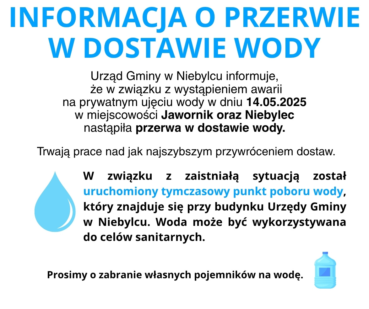 Ogłoszenie Urzędu Gminy w Niebylcu o przerwie w dostawie wody 14.05.2025 w miejscowościach Jawornik i Niebylec z powodu awarii prywatnego ujęcia wody. Informacja o uruchomieniu tymczasowego punktu poboru wody przy urzędzie gminy w Niebylcu – woda dostępna do celów sanitarnych. Na dole apel o zabranie własnych pojemników. Grafiki kropli wody i kanistra.
