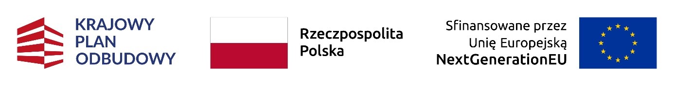 Grafika przedstawia zestaw logotypów na jasnym tle. Po lewej stronie znajduje się czerwono-białe logo „Krajowy Plan Odbudowy”. Obok umieszczono flagę Polski oraz napis „Rzeczpospolita Polska”. Po prawej stronie widnieje tekst „Sfinansowane przez Unię Europejską NextGenerationEU” oraz flaga Unii Europejskiej z żółtymi gwiazdami na niebieskim tle.