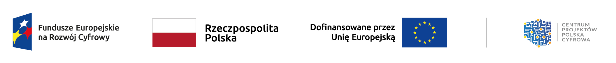 Grafika zawiera cztery logotypy związane z funduszami europejskimi i rozwojem cyfrowym w Polsce. Od lewej:    1. Logo Funduszy Europejskich na Rozwój Cyfrowy – stylizowany symbol z niebieskim tłem i kolorowymi gwiazdami.   2. Flaga Polski z napisem „Rzeczpospolita Polska”.   3. Flaga Unii Europejskiej z napisem „Dofinansowane przez Unię Europejską”.   4. Logo Centrum Projektów Polska Cyfrowa – niebieska mapa Polski z żółtymi i białymi punktami, obok napis „CENTRUM PROJEKTÓW POLSKA CYFROWA”.    Całość przedstawia wsparcie finansowe UE dla projektów cyfrowych w Polsce.