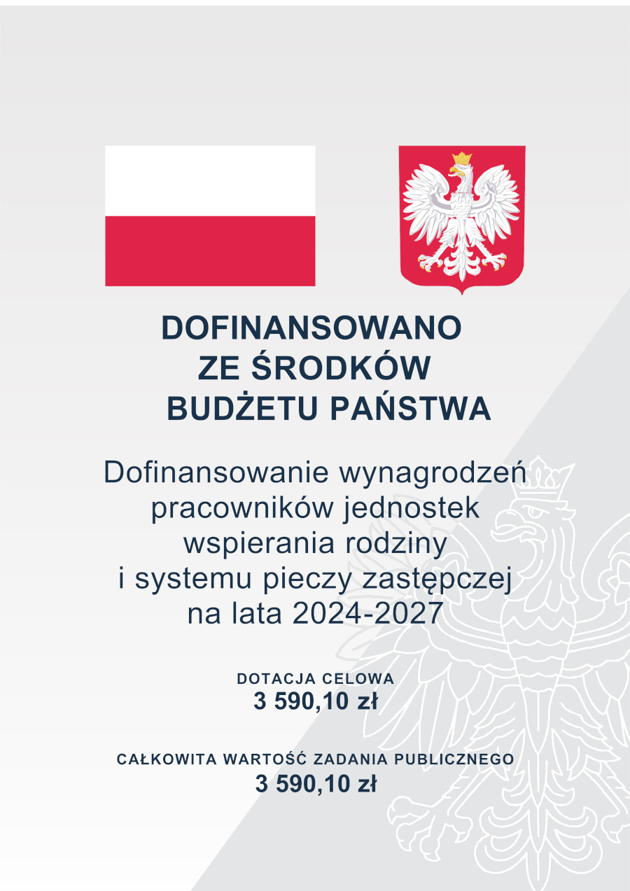 Grafika przedstawia informację o dofinansowaniu ze środków budżetu państwa. Po lewej stronie znajduje się flaga Polski, a po prawej herb państwowy – biały orzeł w koronie na czerwonym tle. Tekst informuje o dofinansowaniu wynagrodzeń pracowników jednostek wspierania rodziny i systemu pieczy zastępczej na lata 2024–2027. Podano również kwotę dotacji celowej: 3 590,10 zł, oraz całkowitą wartość zadania publicznego: 3 590,10 zł. W tle widoczny jest delikatny wizerunek orła.