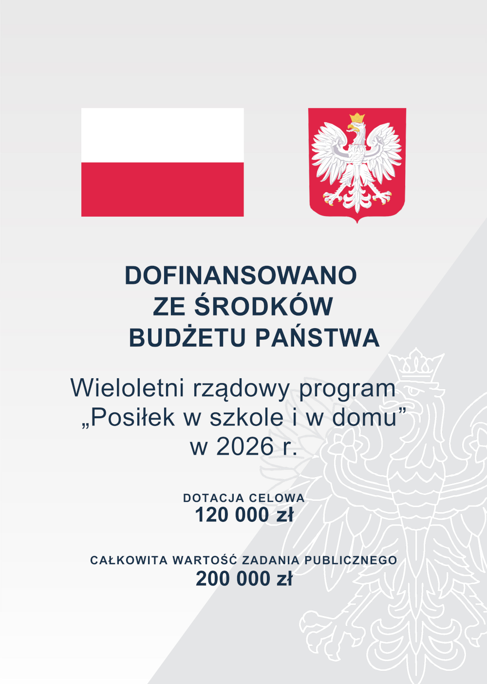 Plakat informujący o dofinansowaniu z budżetu państwa programu „Posiłek w szkole i w domu” w 2026 roku. Dotacja celowa wynosi 120 000 zł, a całkowita wartość zadania publicznego 200 000 zł. Na górze flaga Polski i godło państwowe.
