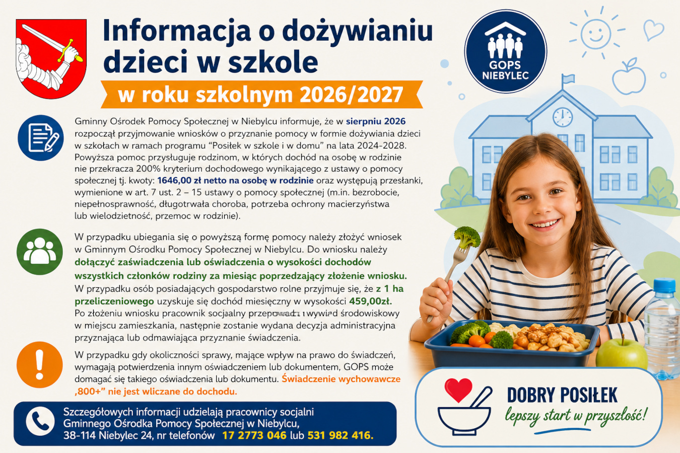 Plakat informacyjny GOPS w Niebylcu dotyczący dożywiania dzieci w szkołach w roku szkolnym 2026/2027. Po prawej uśmiechnięta dziewczynka siedzi przed szkolnym posiłkiem z warzywami, obok znajduje się ilustracja budynku szkoły. Plakat zawiera informacje o kryteriach dochodowych, wymaganych dokumentach i składaniu wniosków oraz dane kontaktowe GOPS.