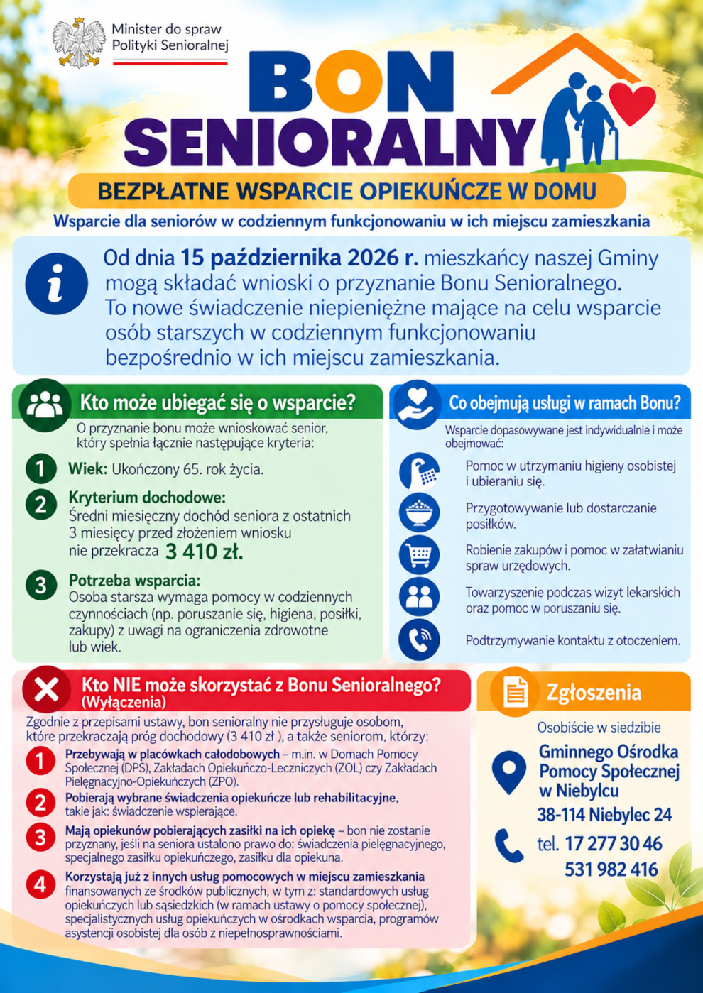 Plakat informacyjny „Bon Senioralny – bezpłatne wsparcie opiekuńcze w domu”. Od 15 października 2026 r. mieszkańcy Gminy Niebylec mogą składać wnioski o wsparcie dla osób powyżej 65. roku życia, których średni miesięczny dochód nie przekracza 3410 zł. Bon obejmuje m.in. pomoc w higienie, przygotowywaniu posiłków, zakupach i codziennych czynnościach. Plakat przedstawia również wyłączenia z programu. Wnioski przyjmuje Gminny Ośrodek Pomocy Społecznej w Niebylcu, Niebylec 24, tel. 17 277 30 46 lub 531 982 416.