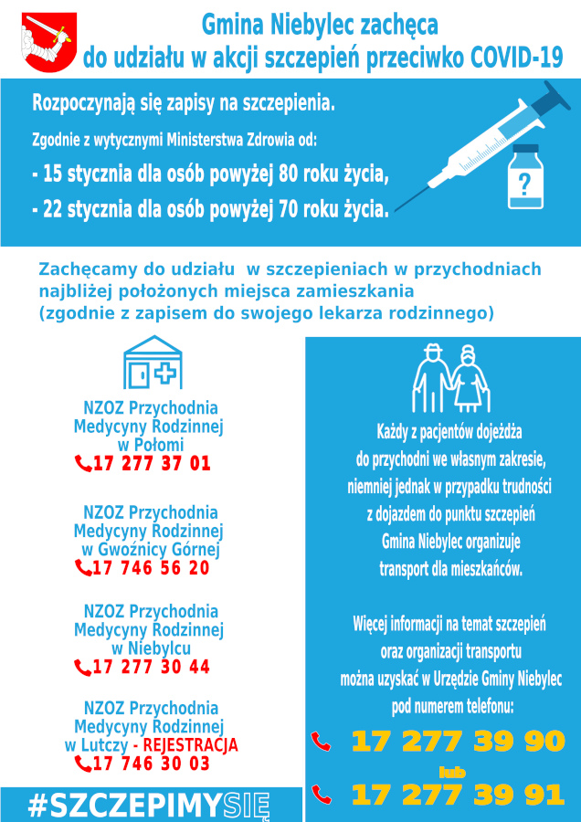 Więcej informacji na temat szczepień oraz organizacji transportu można uzyskać w Urzędzie Gminy Niebylec pod numerem telefonu: 17 277 39 90 lub 17 277 39 91