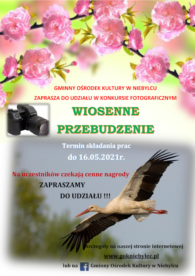 Plakat konkursu fotograficznego "Wiosenne przebudzenie" organizowanego przez GOK Niebylec"