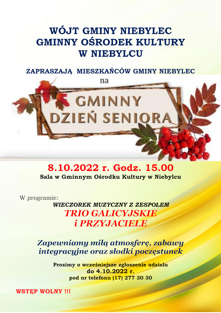 Zaproszenie na Dzień Seniora 8 października 2022 o godz. 15:00 w Gminny Ośrodku Kultury w Niebylcu