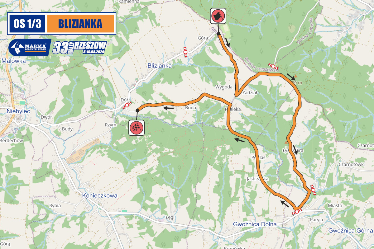 Mapa trasy OS 1/3 Blizianka dla 33. Rajdu Rzeszowskiego, odbywającego się w dniach 8-10 sierpnia 2024 roku. Trasa zaznaczona jest na pomarańczowo, prowadzi przez miejscowości Blizianka, Doł, Rzym, Budy, Zadział, i Gwoźnica Dolna. Mapa zawiera ikony wskazujące start i metę odcinka specjalnego oraz miejsca z ograniczonym dostępem. Logotypy sponsorów znajdują się w lewym górnym rogu mapy: MARMA Polskie Folie, 33. Rajd Rzeszowski.