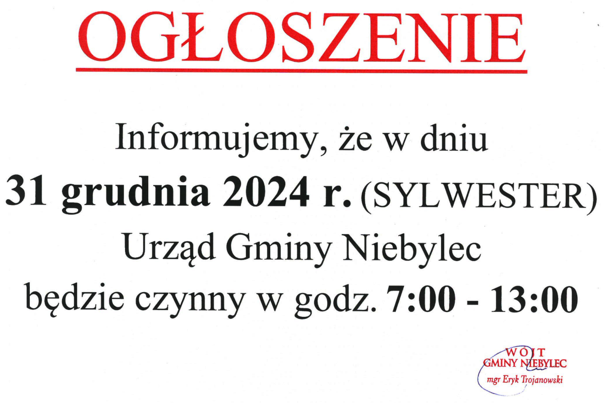 Widzę, że przesłałeś ogłoszenie dotyczące godzin pracy Urzędu Gminy Niebylec w dniu 31 grudnia 2024 roku (Sylwester). W tym dniu urząd będzie czynny w godzinach od 7:00 do 13:00. Jeśli potrzebujesz dalszych informacji lub chcesz coś związanego z tym ogłoszeniem, daj znać!