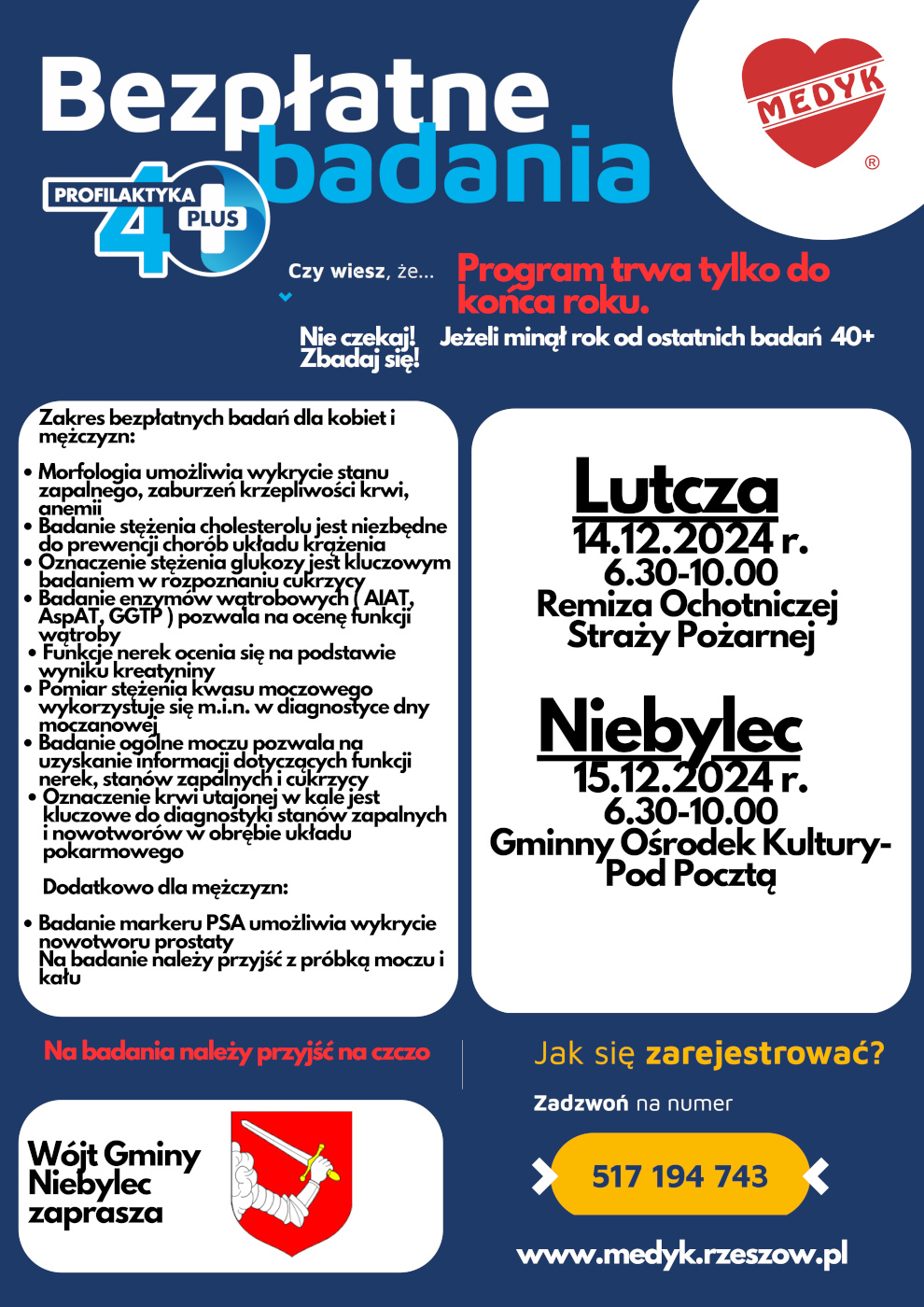 Plakat informacyjny o programie bezpłatnych badań profilaktycznych „Profilaktyka 40+”.    ### Treść plakatu: - Nagłówek: „Bezpłatne badania” z logo programu „Profilaktyka 40+”.   - Hasła: „Nie czekaj! Zbadaj się!” oraz „Program trwa tylko do końca roku. Jeżeli minął rok od ostatnich badań 40+”.   - Zakres badań dla kobiet i mężczyzn, m.in.:   - Morfologia,   - Badania cholesterolu,   - Glukozy,   - Enzymów wątrobowych,   - Kreatyniny, kwasu moczowego, badanie ogólne moczu,   - Testy na krew utajoną w kale.   - Dodatkowe badanie dla mężczyzn: marker PSA (prostata).   - Informacja: „Na badania należy przyjść na czczo”.    ### Terminy i miejsca: - Lutcza: 14 grudnia 2024 r., godz. 6:30-10:00, remiza OSP.   - Niebylec: 15 grudnia 2024 r., godz. 6:30-10:00, Gminny Ośrodek Kultury.    ### Dodatkowe informacje: - Jak się zarejestrować? Telefon: 517 194 743, www.medyk.rzeszow.pl.   - Na dole logo gminy Niebylec i napis „Wójt Gminy Niebylec zaprasza”.    Tło plakatu w odcieniach niebieskiego, z wyróżnionymi żółtymi i czerwonymi elementami.