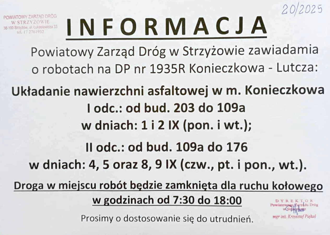 Zdjęcie oficjalnego komunikatu Powiatowego Zarządu Dróg w Strzyżowie. Treść zawiera informację o robotach drogowych na drodze powiatowej nr 1935R Konieczkowa – Lutcza, z podanymi terminami (1–2 września oraz 4, 5, 8, 9 września), odcinkami prac (od bud. 203 do 109a oraz od bud. 109a do 176) oraz godzinami zamknięcia drogi (7:30–18:00).