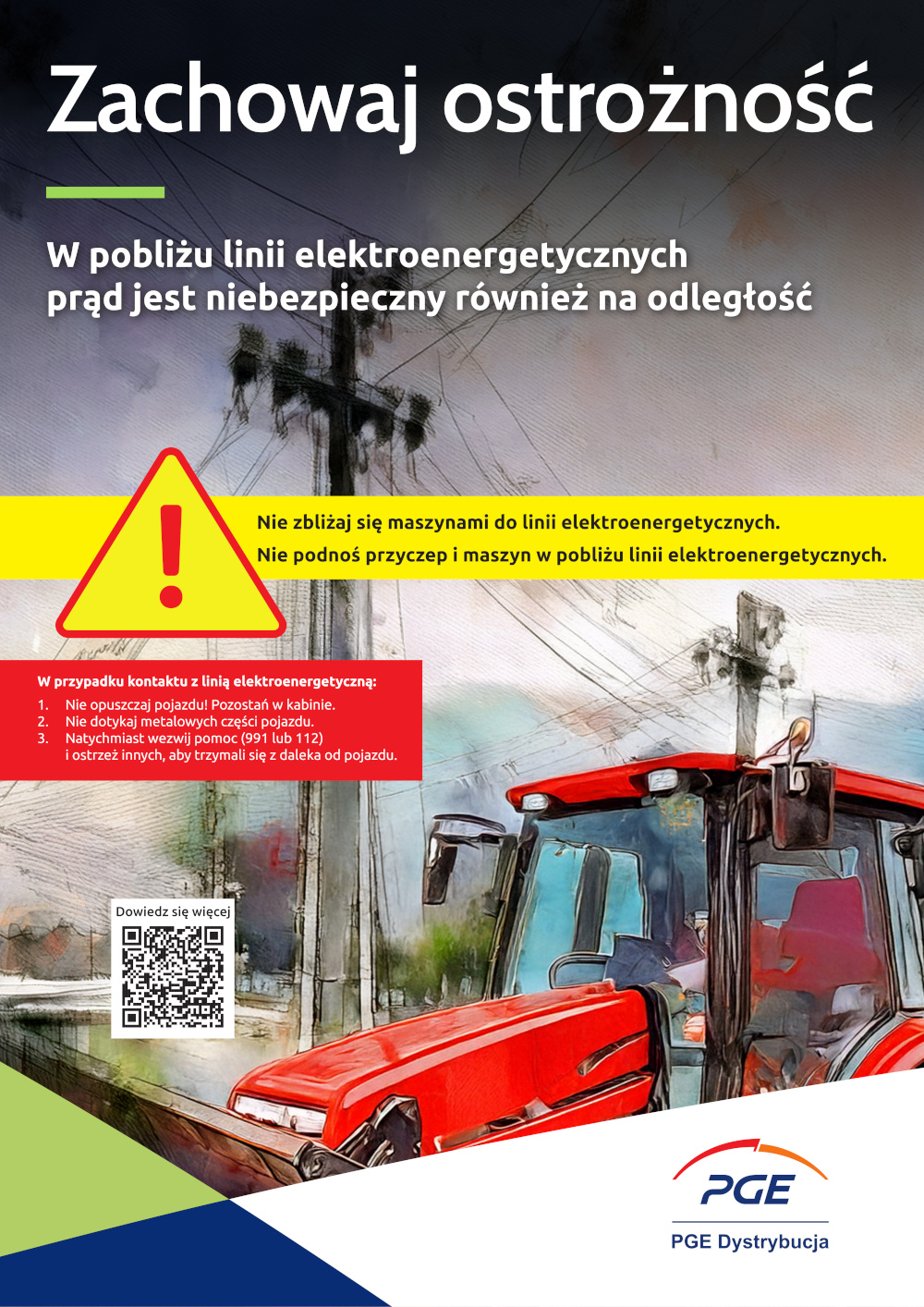 Plakat ostrzegawczy przygotowany przez firmę PGE Dystrybucja, utrzymany w stylistyce malarskiej/ilustracyjnej. Przedstawia ciągnik rolniczy pracujący w pobliżu linii elektroenergetycznych. Dominują kolory: biały, czerwony i granatowy (barwy korporacyjne PGE) oraz żółty element ostrzegawczy.  Struktura wizualna i tekstowa:  Nagłówek (górna część): Duży, biały napis na ciemnym tle: "Zachowaj ostrożność". Poniżej mniejszym drukiem: "W pobliżu linii elektroenergetycznych prąd jest niebezpieczny również na odległość".  Centralna ilustracja: Grafika przedstawia czerwony traktor na polu. Nad nim przebiegają napowietrzne linie energetyczne wsparte na słupie. Ilustracja ma charakter edukacyjny, ostrzegający przed ryzykiem porażenia łukiem elektrycznym bez bezpośredniego dotknięcia przewodów.  Główny komunikat ostrzegawczy (żółty pas): Po lewej stronie znajduje się duży żółty trójkąt z wykrzyknikiem. Obok niego, na żółtym tle, widnieją dwa zakazy:  Nie zbliżaj się maszynami do linii elektroenergetycznych.  Nie podnoś przyczep i maszyn w pobliżu linii elektroenergetycznych.  Instrukcja bezpieczeństwa (czerwona ramka): Tekst zatytułowany: "W przypadku kontaktu z linią elektroenergetyczną:"  Nie opuszczaj pojazdu! Pozostań w kabinie.  Nie dotykaj metalowych części pojazdu.  Natychmiast wezwij pomoc (991 lub 112) i ostrzeż innych, aby trzymali się z daleka od pojazdu.  Stopka:  Po lewej stronie kod QR z dopiskiem "Dowiedz się więcej".  Po prawej stronie logotyp PGE PGE Dystrybucja.
