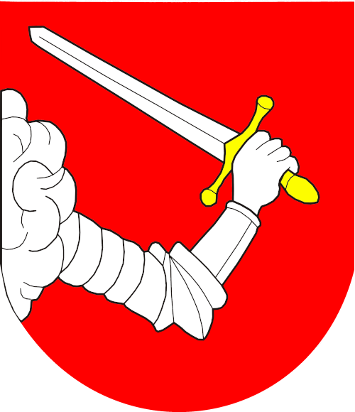 Herb przedstawia srebrne ramię w zbroi, trzymające srebrny miecz z złotą rękojeścią, na czerwonym tle